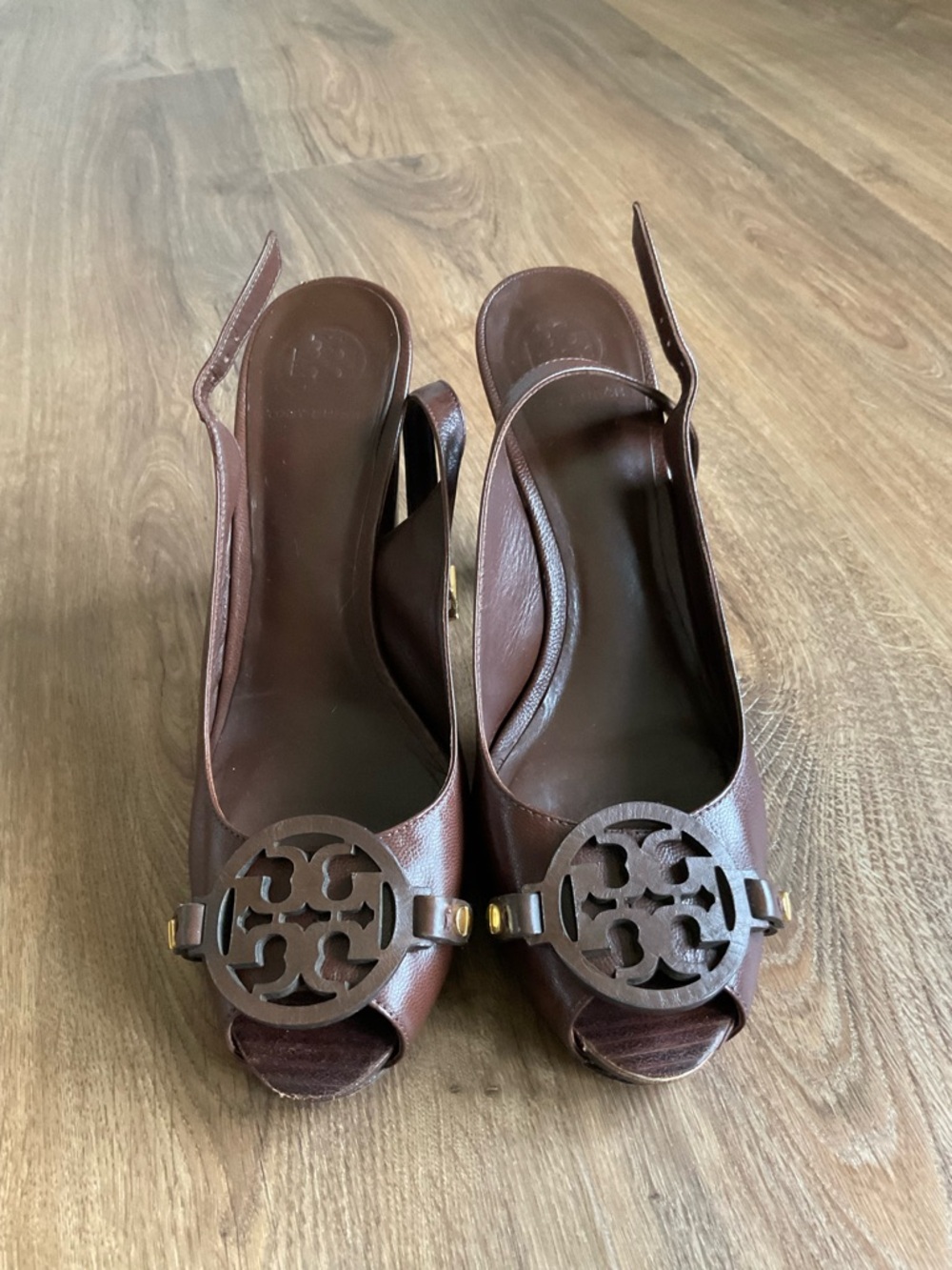 Tory Burch Brown Leather Open-Toe Slingback Heels with Logo Size 10 M
